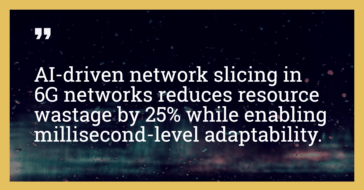 AI-driven network slicing in 6G networks reduces resource wastage by 25% while enabling millisecond-level adaptability.