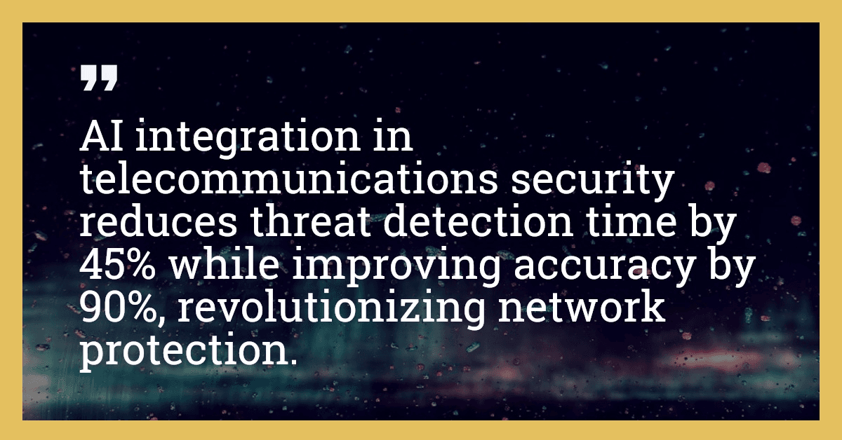 AI integration in telecommunications security reduces threat detection time by 45% while improving accuracy by 90%, revolutionizing network protection.