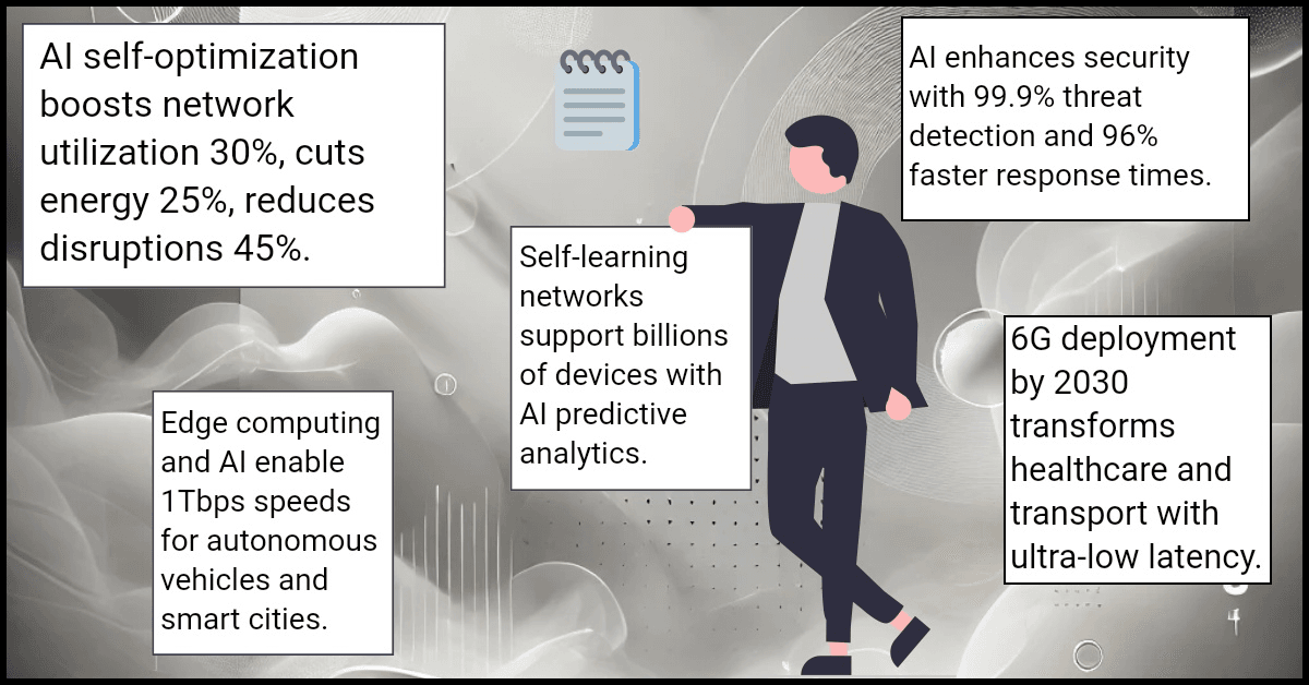 AI self-optimization boosts network utilization 30%, cuts energy 25%, reduces disruptions 45%.